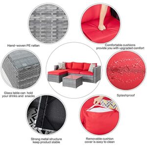 Shintenchi Patio Furniture Sets Outdoor Sectional Sofa Silver All-Weather Rattan Wicker Small Patio Conversation Couch Garden Backyard with Washable Couch Cushion and Glass Table 3 Pieces Red