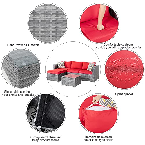 Shintenchi Patio Furniture Sets Outdoor Sectional Sofa Silver All-Weather Rattan Wicker Small Patio Conversation Couch Garden Backyard with Washable Couch Cushion and Glass Table 3 Pieces Red