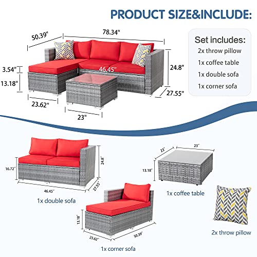 Shintenchi Patio Furniture Sets Outdoor Sectional Sofa Silver All-Weather Rattan Wicker Small Patio Conversation Couch Garden Backyard with Washable Couch Cushion and Glass Table 3 Pieces Red