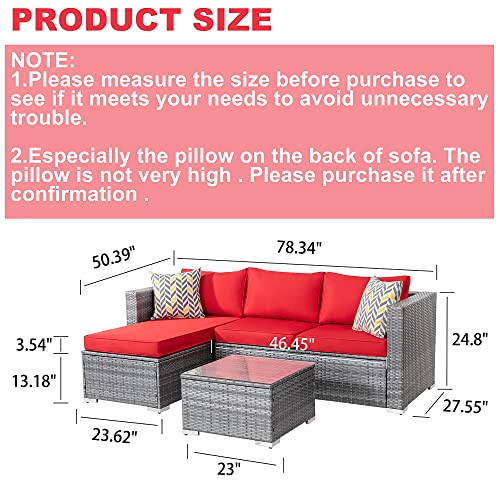 Shintenchi Patio Furniture Sets Outdoor Sectional Sofa Silver All-Weather Rattan Wicker Small Patio Conversation Couch Garden Backyard with Washable Couch Cushion and Glass Table 3 Pieces Red