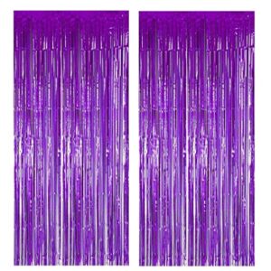 muhome purple foil fringe curtain, 2pcs 3.28ft x 8.2ft tinsel door curtains & 1 masking tape purple fringe backdrop for wedding birthday bachelorette mardi gras carnival party decorations