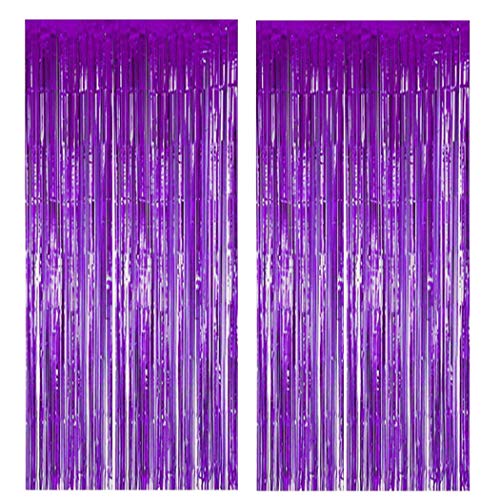 Muhome Purple Foil Fringe Curtain, 2PCS 3.28FT x 8.2FT Tinsel Door Curtains & 1 Masking Tape Purple Fringe Backdrop for Wedding Birthday Bachelorette Mardi Gras Carnival Party Decorations