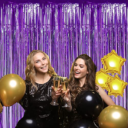 Muhome Purple Foil Fringe Curtain, 2PCS 3.28FT x 8.2FT Tinsel Door Curtains & 1 Masking Tape Purple Fringe Backdrop for Wedding Birthday Bachelorette Mardi Gras Carnival Party Decorations