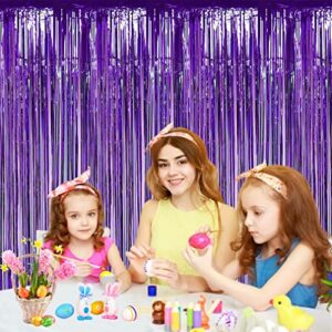 Muhome Purple Foil Fringe Curtain, 2PCS 3.28FT x 8.2FT Tinsel Door Curtains & 1 Masking Tape Purple Fringe Backdrop for Wedding Birthday Bachelorette Mardi Gras Carnival Party Decorations