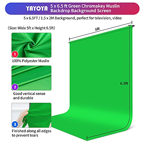 YAYOYA Green Screen Backdrop with Stand Kit 5x6.5ft, Portable Chromakey Green Screen Stand with Carrying Bag and 5 Spring Clamps, Greenscreen T-Shaped Background Stand for Streaming,Video Gaming,Zoom