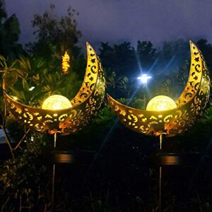 aubasic solar powered garden lights, 2 pack antique brass hollow-carved metal moon with warm white crackle glass globe stake lights,waterproof outdoor for lawn,patio,yard