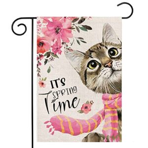 spring garden flag for outside 12×18 double sided,cat with sakura scarf small yard flag,summer seasonal decors for outdoor anniversary wedding farmhouse holiday