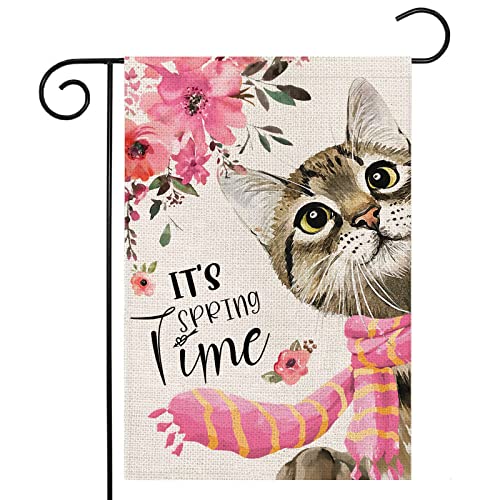 Spring Garden Flag for Outside 12x18 Double Sided,Cat with Sakura Scarf Small Yard Flag,Summer Seasonal Decors for Outdoor Anniversary Wedding Farmhouse Holiday