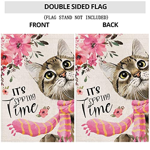 Spring Garden Flag for Outside 12x18 Double Sided,Cat with Sakura Scarf Small Yard Flag,Summer Seasonal Decors for Outdoor Anniversary Wedding Farmhouse Holiday