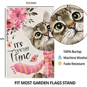 Spring Garden Flag for Outside 12x18 Double Sided,Cat with Sakura Scarf Small Yard Flag,Summer Seasonal Decors for Outdoor Anniversary Wedding Farmhouse Holiday