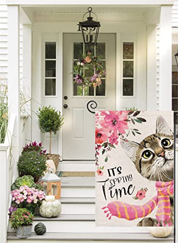 Spring Garden Flag for Outside 12x18 Double Sided,Cat with Sakura Scarf Small Yard Flag,Summer Seasonal Decors for Outdoor Anniversary Wedding Farmhouse Holiday