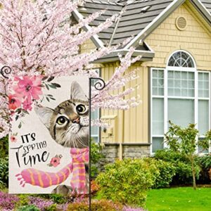 Spring Garden Flag for Outside 12x18 Double Sided,Cat with Sakura Scarf Small Yard Flag,Summer Seasonal Decors for Outdoor Anniversary Wedding Farmhouse Holiday