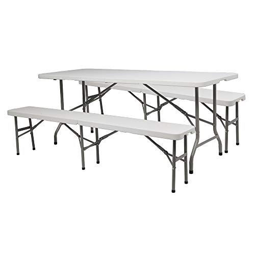 VINGLI 6 FT 3-Piece Portable Picnic Table Bench Set, Weather-Resistant Plastic Folding Camping Beer Table w/Carrying Handles, for Family Garden Patio Outdoor Activities Use, at Home and Commercial