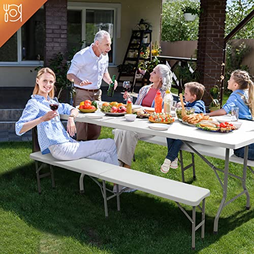 VINGLI 6 FT 3-Piece Portable Picnic Table Bench Set, Weather-Resistant Plastic Folding Camping Beer Table w/Carrying Handles, for Family Garden Patio Outdoor Activities Use, at Home and Commercial