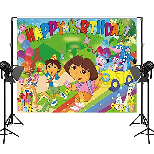 Maijoeyy 7x5ft Explorer Cartoon Theme Birthday Party Backdrop The Explorer Birthday Backdrop for Kids Explorer Party Banner Decoration Supplies