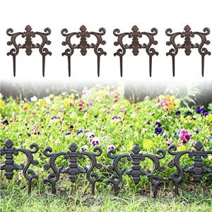 sungmor 4pc small garden fence 9.4in. tall cast iron picket fence, heavyweight outdoor landscape edging low border, pretty antique brown pattern, stake decorative metal fence panel for lawn flowerbeds