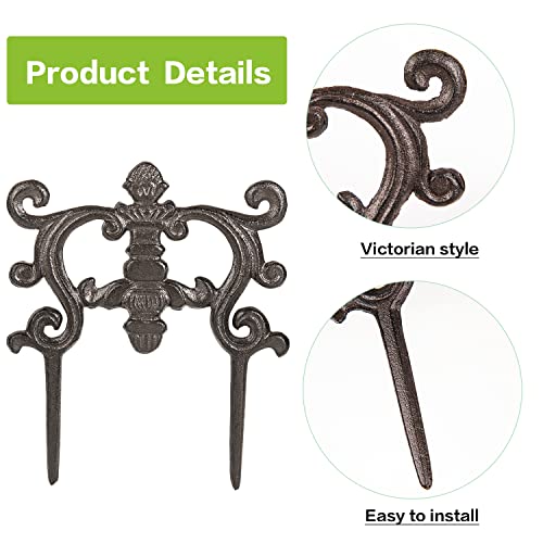Sungmor 4PC Small Garden Fence 9.4in. Tall Cast Iron Picket Fence, Heavyweight Outdoor Landscape Edging Low Border, Pretty Antique Brown Pattern, Stake Decorative Metal Fence Panel for Lawn Flowerbeds