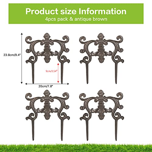 Sungmor 4PC Small Garden Fence 9.4in. Tall Cast Iron Picket Fence, Heavyweight Outdoor Landscape Edging Low Border, Pretty Antique Brown Pattern, Stake Decorative Metal Fence Panel for Lawn Flowerbeds