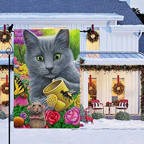 Gormcore Cute Small Cat Garden Flag Kitty Mouse Floral Small Garden Flag Spring Summer Vertical Double Sided Rustic Farmland Burlap Yard Lawn Outdoor Decor 12.5x18