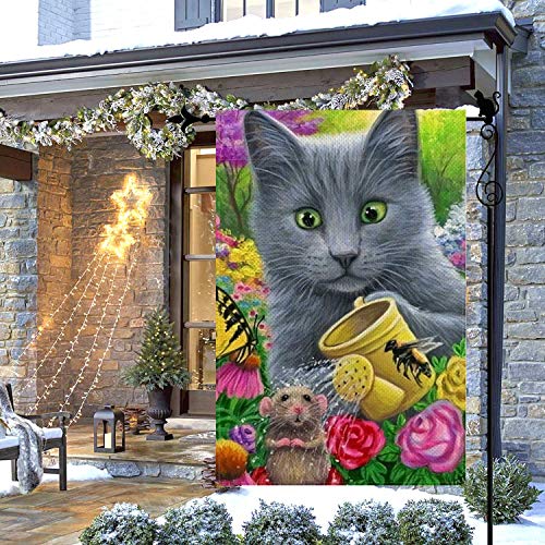 Gormcore Cute Small Cat Garden Flag Kitty Mouse Floral Small Garden Flag Spring Summer Vertical Double Sided Rustic Farmland Burlap Yard Lawn Outdoor Decor 12.5x18