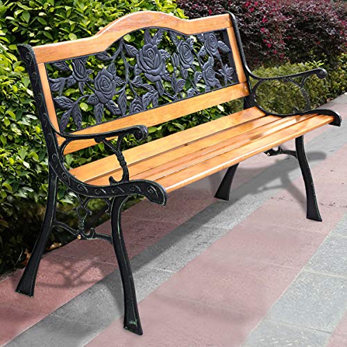 Giantex 50 Inch Patio Bench, Outdoor Furniture Rose Cast Iron Hardwood Frame Porch Loveseat, Weather Proof Porch Path Chair for 2 Person Outside Bench