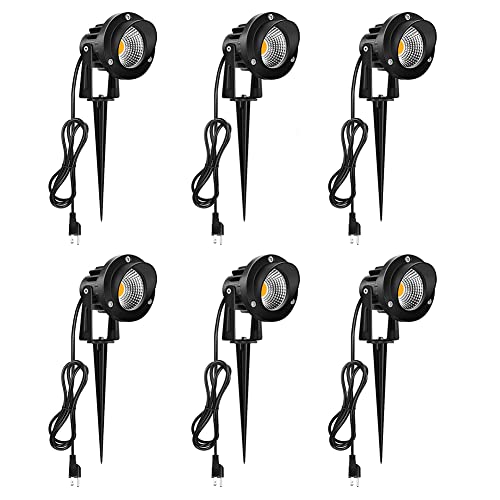 Outdoor Landscape Lights, 10W 120V AC LED Landscape Spot Light with Metal Ground Spike, 3000K Warm White, IP65 Waterproof, 5FT Cord with US Plug for Lawn, Garden, Yard, Flag Light (6 Pack)