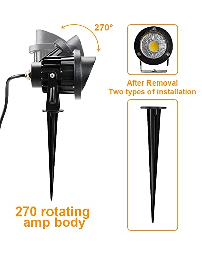 Outdoor Landscape Lights, 10W 120V AC LED Landscape Spot Light with Metal Ground Spike, 3000K Warm White, IP65 Waterproof, 5FT Cord with US Plug for Lawn, Garden, Yard, Flag Light (6 Pack)