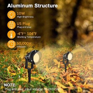 Outdoor Landscape Lights, 10W 120V AC LED Landscape Spot Light with Metal Ground Spike, 3000K Warm White, IP65 Waterproof, 5FT Cord with US Plug for Lawn, Garden, Yard, Flag Light (6 Pack)