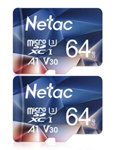 netac micro sd card 64gb 2 packs, mini tf memory card with up to 100 mb/s, uhs-1, u3, class 10, sdxc, exfat, v30, a1, 4k, uhd, fhd