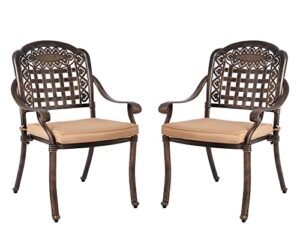 okida 2 piece outdoor dining chairs, cast aluminum chairs with armrest, patio bistro chair set of 2 for garden, backyard (mesh design with khaki cushion)