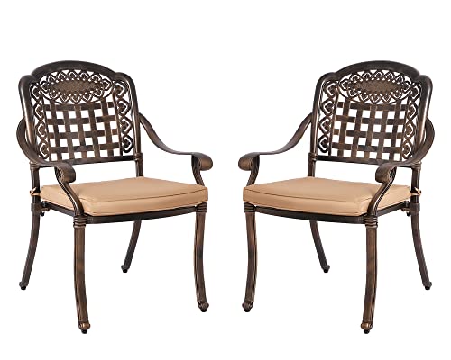 OKIDA 2 Piece Outdoor Dining Chairs, Cast Aluminum Chairs with Armrest, Patio Bistro Chair Set of 2 for Garden, Backyard (Mesh Design with Khaki Cushion)