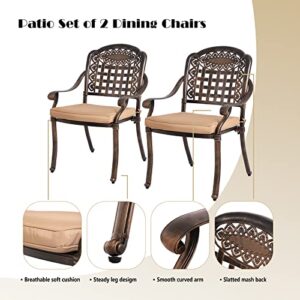 OKIDA 2 Piece Outdoor Dining Chairs, Cast Aluminum Chairs with Armrest, Patio Bistro Chair Set of 2 for Garden, Backyard (Mesh Design with Khaki Cushion)