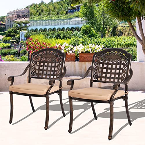 OKIDA 2 Piece Outdoor Dining Chairs, Cast Aluminum Chairs with Armrest, Patio Bistro Chair Set of 2 for Garden, Backyard (Mesh Design with Khaki Cushion)