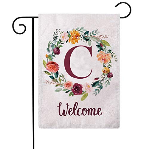 ULOVE LOVE YOURSELF Letter C Garden Flag with Flowers Wreath Double Sided Print Welcome Garden Flags Outdoor House Yard Flags 12.5 x 18 Inch