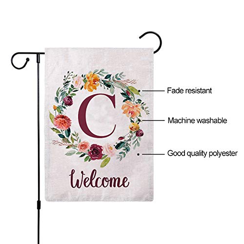 ULOVE LOVE YOURSELF Letter C Garden Flag with Flowers Wreath Double Sided Print Welcome Garden Flags Outdoor House Yard Flags 12.5 x 18 Inch