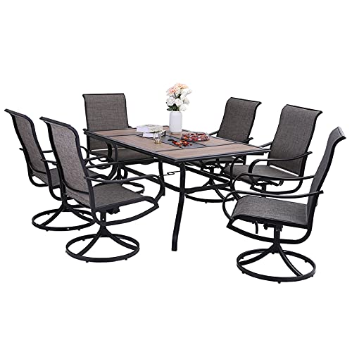 Sophia & William Patio Dining Set 7 Pieces Outdoor Furniture Table and Chairs Metal, 6 x Swivel Dining Chairs Textilene with 1 Wood Like Umbrella Table for Lawn Pool Garden Porch