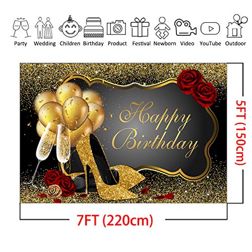 Mocsicka Black Gold Birthday Backdrop for Women 7x5ft High Heels Champagne Happy Birthday Banner Photo Studio Prop 20th 30th 40th 50th 60th Birthday Photo Backdrops