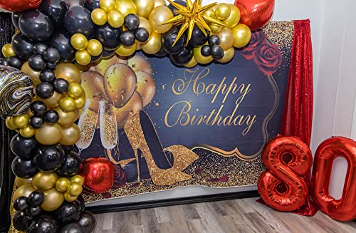 Mocsicka Black Gold Birthday Backdrop for Women 7x5ft High Heels Champagne Happy Birthday Banner Photo Studio Prop 20th 30th 40th 50th 60th Birthday Photo Backdrops