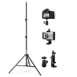 dazzne phone tripod stand, adjustable from 27″ to 80″, cell phone tripod with phone holder and ball head, fits dslr camera, suitable for video recording, vlogging, filming, photography