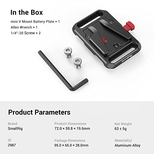 SmallRig Mini V Mount Battery Plate, V-Lock Mount Battery Plate with 1/4"-20 Threads - 2987