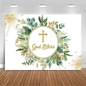 mocsicka god bless backdrop first communion baptism christening party decorations vinyl green leaves newborn baby shower photography background photo booth (7x5ft)