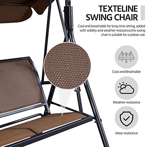 Yaheetech Outdoor Porch Swing Chair for Adults, 3-Seat Patio Sunset Hanging Swing w/Texteline Fabric & Adjustable Canopy & Armrests, Canopy Lounge Chair for Backyard/Garden/Balcony