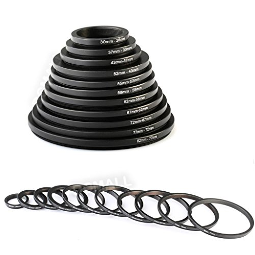 K&F Concept 11 Pieces Step Down Filter Adapter Rings Set, Metal Step Down Filter Adapter Ring Kit 43-37mm 52-43mm 55-52mm 58-55mm 62-58mm 67-62mm 72-67mm 77-72mm 82-77mm for Camera Lens
