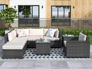 merax 8 pieces grey rattan patio furniture sets, outdoor wicker sectional seating group with 2 coffee tables and 4.7” thick beige cushions