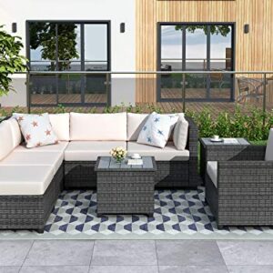 Merax 8 Pieces Grey Rattan Patio Furniture Sets, Outdoor Wicker Sectional Seating Group with 2 Coffee Tables and 4.7'' Thick Beige Cushions