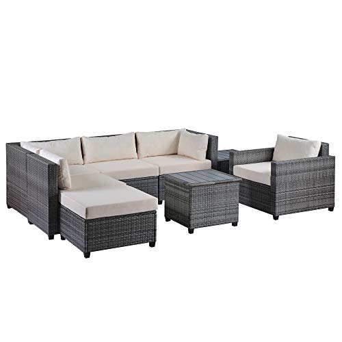 Merax 8 Pieces Grey Rattan Patio Furniture Sets, Outdoor Wicker Sectional Seating Group with 2 Coffee Tables and 4.7'' Thick Beige Cushions