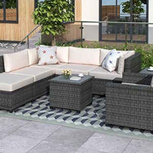 Merax 8 Pieces Grey Rattan Patio Furniture Sets, Outdoor Wicker Sectional Seating Group with 2 Coffee Tables and 4.7'' Thick Beige Cushions