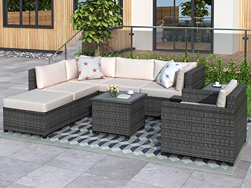 Merax 8 Pieces Grey Rattan Patio Furniture Sets, Outdoor Wicker Sectional Seating Group with 2 Coffee Tables and 4.7'' Thick Beige Cushions