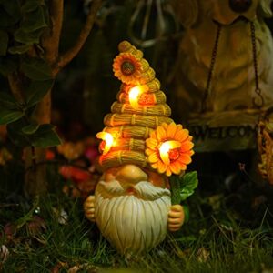 flocked garden gnome statue, large outdoor gnome with solar lights, funny garden figurines for outdoor home yard decor, yellow
