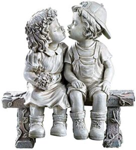 lily’s home first kiss resin garden statue, little girl and boy kissing yard miniature figurine, 9 inch